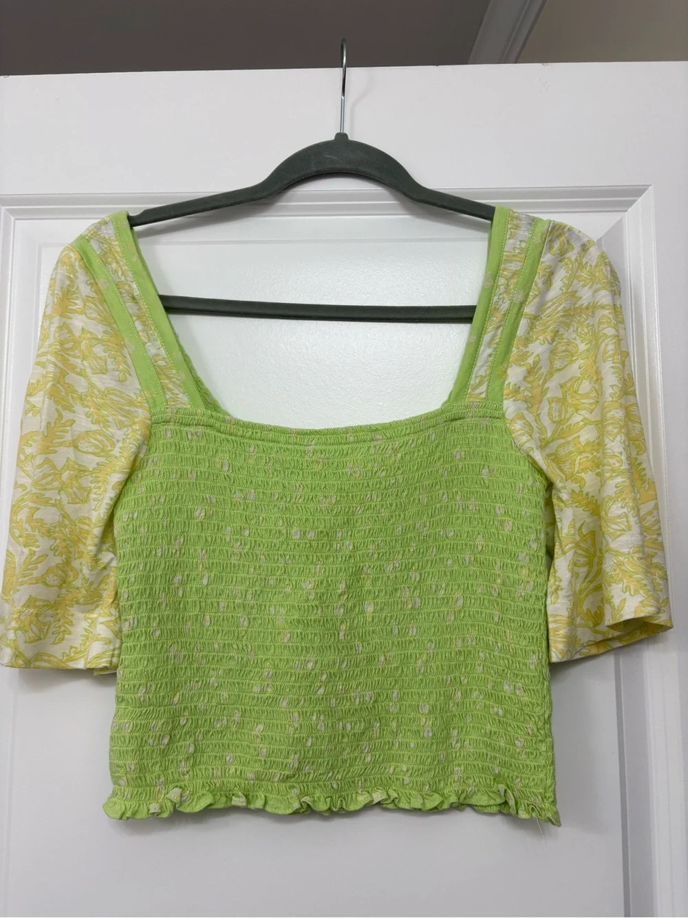 Free People Lime Green Smocked Crop Top with Yellow Floral Puff Sleeves